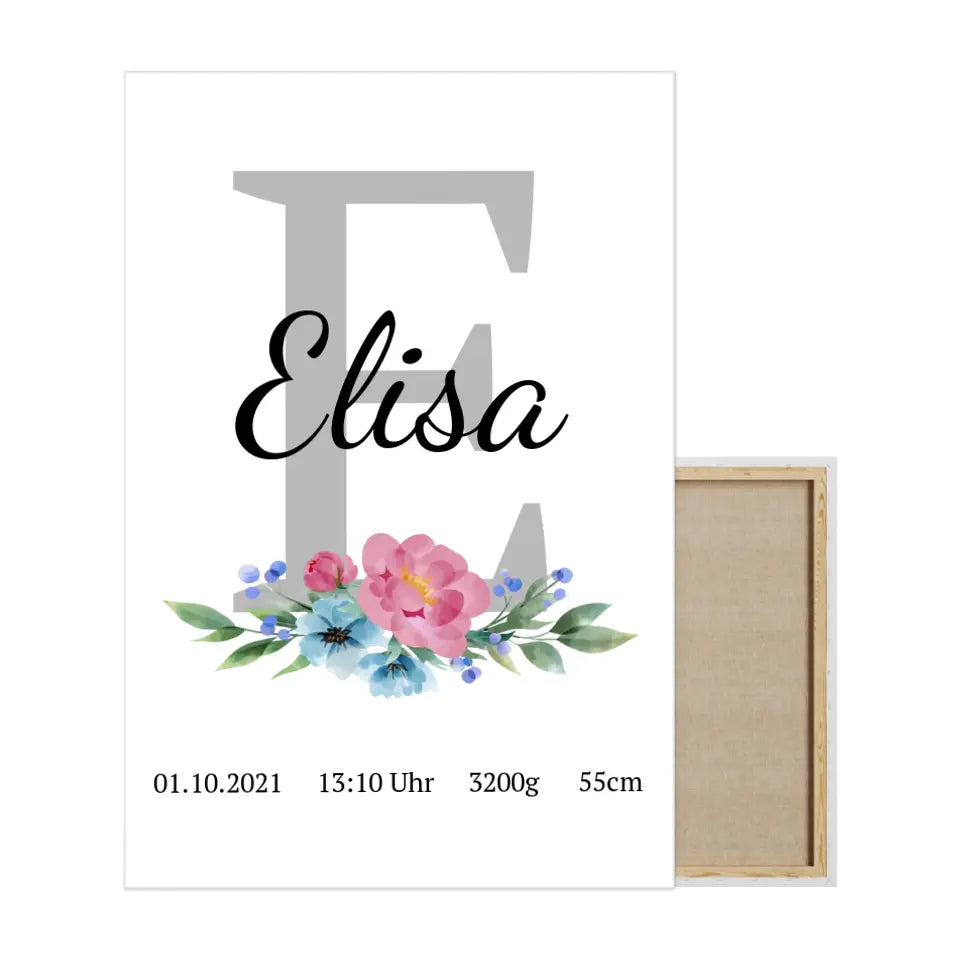 Buchstabe mit Blume Leinwand - für die Geburt