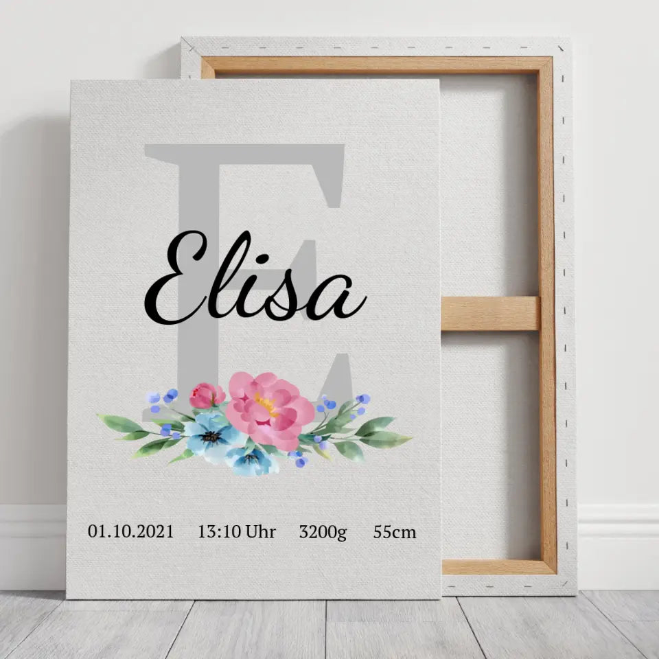 Buchstabe mit Blume Leinwand - für die Geburt