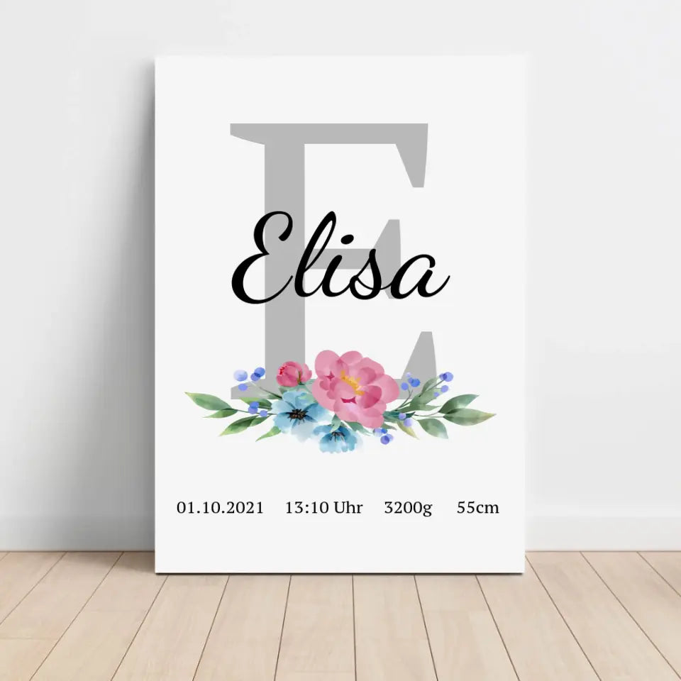 Buchstabe mit Blume Leinwand - für die Geburt