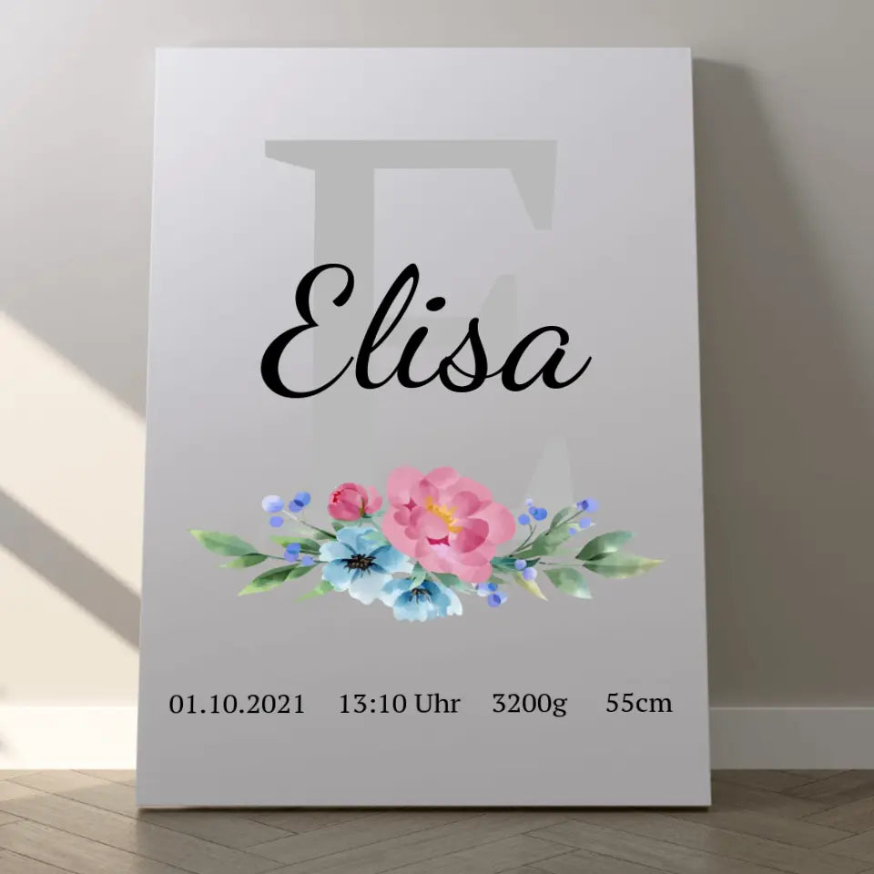 Buchstabe mit Blume Leinwand - für die Geburt
