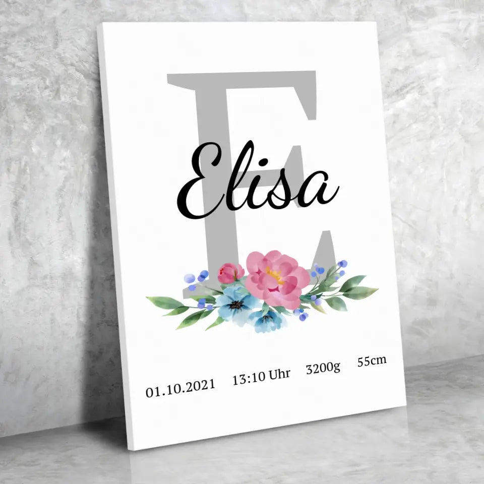 Buchstabe mit Blume Leinwand - für die Geburt