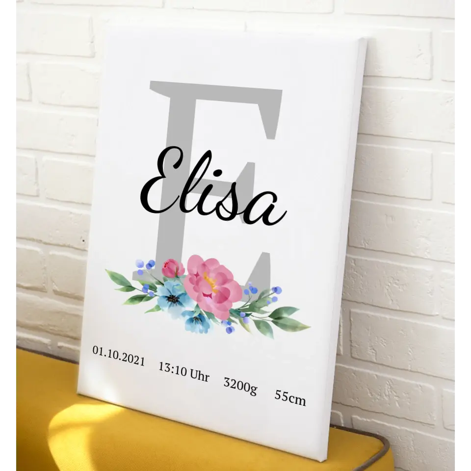 Buchstabe mit Blume Leinwand - für die Geburt